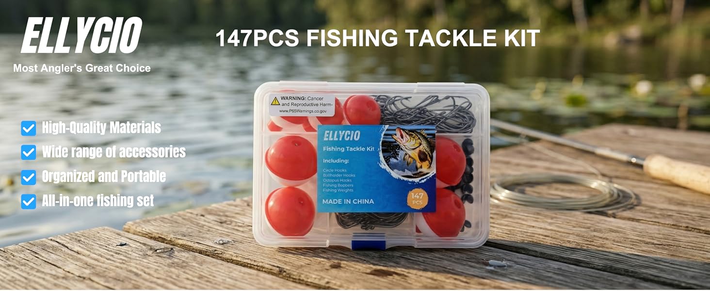 ELLYCIO 147pcs fishing tackle kit spread out showing hooks, bobbers, and split shot sinkers organized in a compartmentalized box