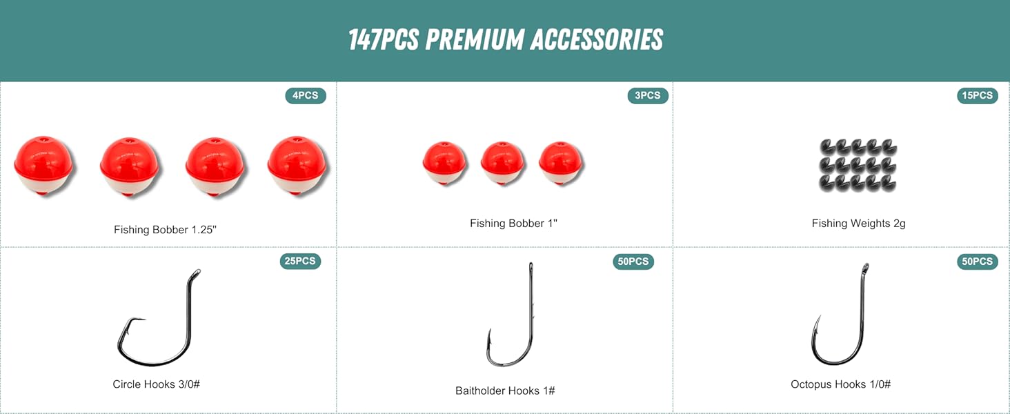 Close-up of ELLYCIO baitholder hooks and J-hooks in multiple sizes for freshwater fishing