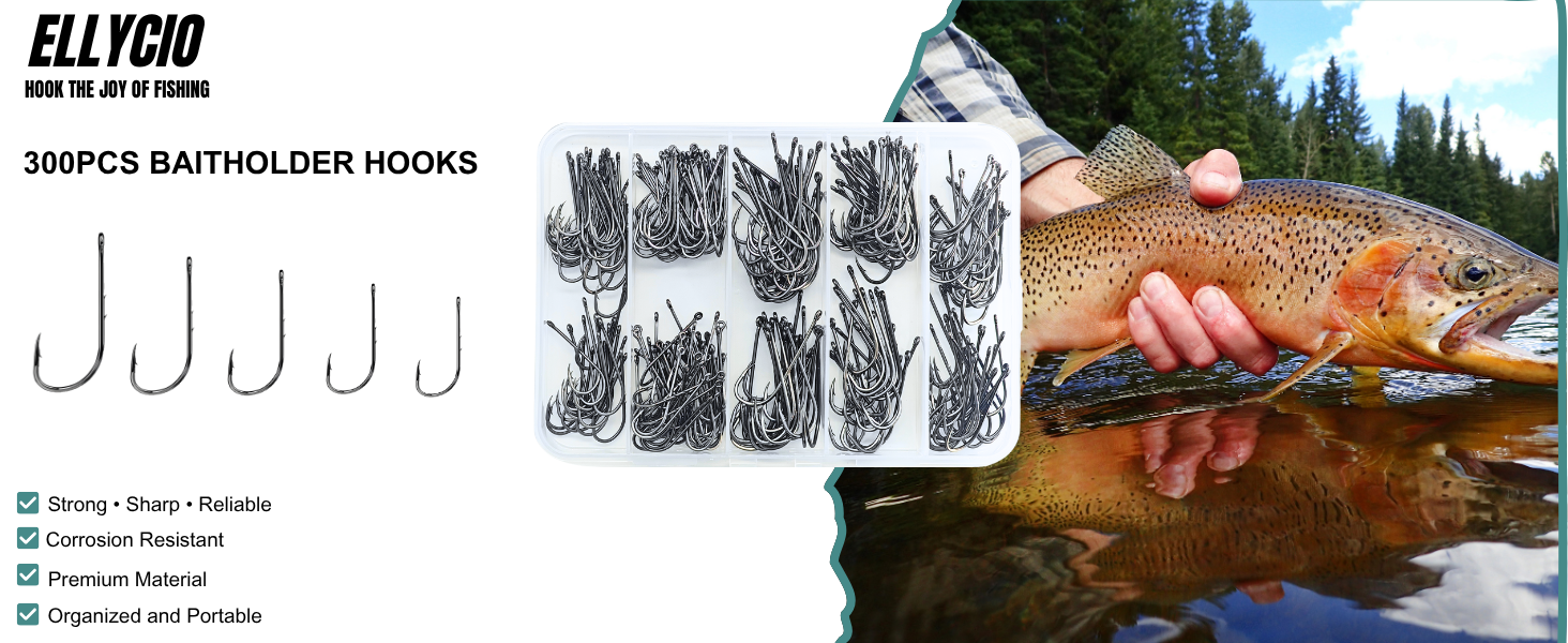 ELLYCIO 300pcs baitholder fishing hooks set in 5 sizes 1/0 1# 2# 3# 4# with double barb long shank design