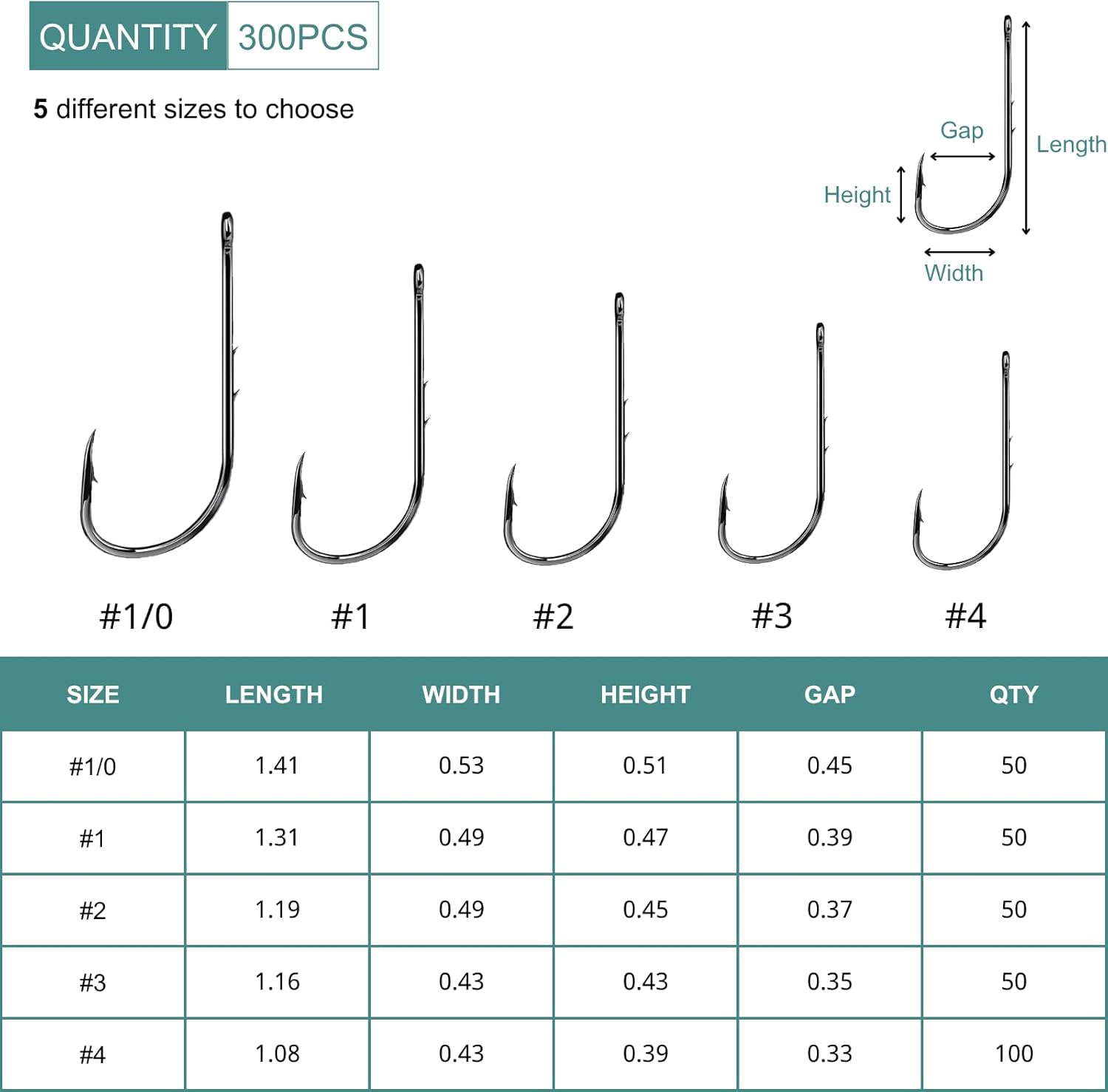 ELLYCIO 300pcs Fishing Hooks Set, Baitholder Hooks for Live Bait, Double Barb Long Shank Fish Hooks with Offset Point, High Carbon Steel Hooks for Crappie, Trout, Bass, Catfish, Panfish Size 1/0 1# 2# 3# 4# — Thumbnail 5