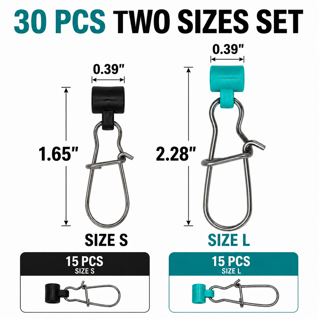ELLYCIO 30Pcs Sinker Slides for Fishing, Fishing Weight Sliders with Duo Lock Snaps, Heavy Duty Sinker Slider Connectors for Catfish Rig, Surf Fishing, Saltwater Freshwater Rigs Size S,L — Thumbnail 2